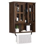 RUSTOWN Wood Wall Storage Cabinet with Cross Glass Doors, Farmhouse Wall Mounted 3 Tier Rustic Cabinet with Adjustable Shelves and Towel Bar for Bathroom, Living Room, Dark Walnut