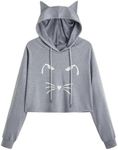 SweatyRocks Women's Long Sleeve Hoodie Crop Top Cat Print Pullover Sweatshirt Solid Grey S