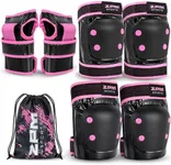 2PM SPORTS Knee Pads for Women, Wrist Guards Knee and Elbow Pads Set with Drawstring Bag, Protective Gear Set for Girls Kids Roller Skating Skateboard - Pink & Black Large