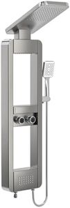 ELLO&ALLO Shower Panel Tower System with Shelf, Rainfall Shower Head and Rain Massage System with Body Jets, Stainless Steel Bathroom Fixtures, Brushed Nickel&Chrome