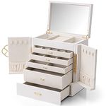 Vlando Large 5 Layer Jewellery Box, PU Leather Jewellery Organiser with Removable Jewellery Tray for Necklace Earrings Rings Bracelets, Jewellery Storage Display Case for Women Gift, White