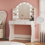 LIMGLIM Makeup Vanity Desk with Mirror and Lights, Vanity Desk with Large Drawers and Storage Shelves, White Vanity with Power Outlet, 3 Lighting Color Adjustable for Bedroom