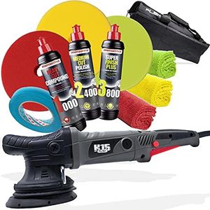 Garage Freaks Kit de polisseuse : polisseuse excentrique PLSH H15 + 3 polisseuses auto menzerna 250 ml + éponges de polissage 150 mm + ruban de masquage 3M 18 mm/50 m + chiffons de polissage en