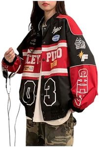 POHADON Varsity Jacket For Women Patchwork Long Sleeve Racing Bomber Letterman Jackets Color Block Y2k Vintage Streetwear, Red, Large