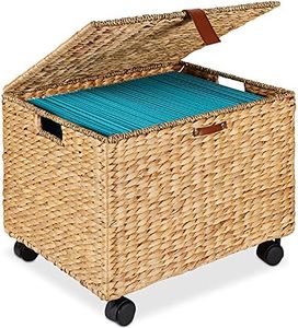 Best Choice Products Water Hyacinth Rolling Filing Cabinet, Woven Mobile Storage Basket, Portable File Organizer for Legal & Letter Size Memos w/Lid, 4 Locking Wheels - Natural