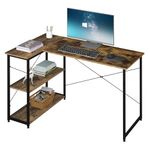 Klihome 120cm Reversible Corner Desk, L-Shaped Desk with 2 Shelves, Office Desk with Bookcase, Work Table, Gaming Table, Wood and Metal, Vintage Brown