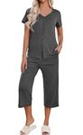 Ekouaer Women's Pajama Sets Short Sleeve Sleepwear Button Down 2 Piece Pj Loungewear Top and Capri Pants Grey,XL