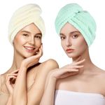 2 Pack Microfiber Towel for Hair Drying, Hair Turbans for Wet Hair, Super Absorbent Hair Towels with Double Buttons, Hair Wrap Towels for Curly Hair (Beige&Green)