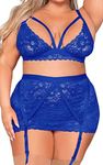 Plus Size Lingerie Set for Women Floral Lace Scallop Trim Bra high waist skirt Garter Lingerie Set, Blue, 3X-Large