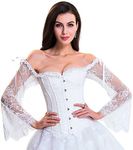 Kimring Women's Steampunk Victorian Elegant Off Shoulder Jacquard Overbust Corset with Floral Lace Long Sleeves White X-Large