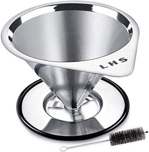 LHS Pour Over Coffee Dripper Stainless Steel LHS Slow Drip Coffee Filter Metal Cone Paperless Reusable Single Cup Coffee Maker 1-2 Cup With Non-slip Cup Stand and Cleaning Brush