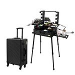 Aluminum Trolley Makeup Train Case with LED Lights Professional Cosmetic Organizer Studio with Speaker, Wheels and Stands Rolling Lighted Makeup Vanity Station for Travel, Black, Lighted Makeup Train