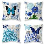 BCKAKQA Throw Pillow Covers 18 x 18 inch Blue Floral Butterfly Cushion Covers 45cm x 45cm Soft Polyester Square Throw Pillow Case for Living Room Sofa Couch Bed Pillowcases Set of 4