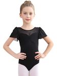 Ballet Leotard for Girls Ruffle Short Sleeve Dance Leotards Bow Back Gymnastics Outfit for Toddler Kids 10-12 Years Black