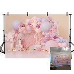 MEHOFOND 7X5ft Girl 1st Birthday Photography Background Pink Flowers Balloons Butterfly Girls 1st Birthday Party Cake Smash Decor Pastel Portrait Photo Backdrop Banner Photo Studio Props Gift Supplies