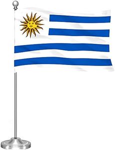 G128 Uruguay Uruguayan Deluxe Desk Flag Set | 8.5x5.5 In | Printed 300D Polyester, with Silver Dome and Base, 15" Metal Pole, Decorations For Office, Home and Festival Events Celebration