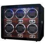 Oryx 6 Watch Winders for Automatic Watches Wooden Rotating Watch Box 15 Rotation Modes Setting Display Case with LED Light, AC or USB Powered Super Quiet Mabuchi Motor, Black+Ebony 6 Winding Slot,