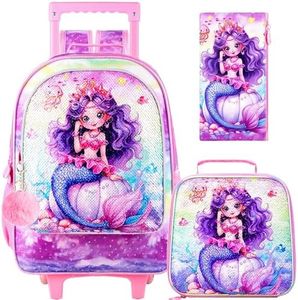 3PCS Mermaid Rolling Bookbag for Girls, Kids Sequins School Backpack with Wheels, Water Resistant Roller Wheeled Bookbag Set with Lunch Box