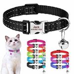 SEOUGEE Personalised Cat Collar with Name Tag, Adjustable Nylon Reflective Kitten Collars with Bell and Safety Buckle, Customize Engraved Pet Name & Phone Number, Black