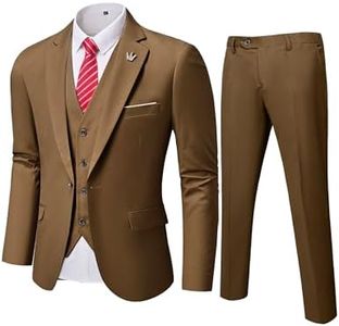 MYS Men's 3 Piece Slim Fit Suit Set, One Button Solid Jacket Vest Pants with Tie Khaki