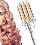 Mochiizoo Hair Curling Iron Wand Anti-scalding Professional 3 Barrel Wave 32mm Ceramic Curler, Adjustable Temperature with LCD Display Hot Waver (Gold)