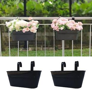 LaLaGreen Railing Planter Outdoor Plants (2 Pack, 11.2 Inch) Black Metal Iron Hanging Flower Pots Deck Rail Fence Hanging Bucket Modern Countryside Style Window Box Plant Holder with Hooks Porch Decor