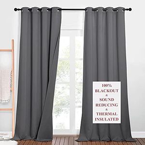 NICETOWN Outdoor Noise Blocking Blackout Curtains for Office, Full Privacy Wall Divider, Heavy-Duty Blinds for Windows, Inside Detachable Felt Liner Curtains for Daytime Sleep (Grey, 108" Length)