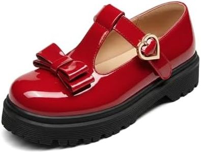 Coutgo Girls Mary Jane Dress Shoes Chunky Platform Loafers School Uniform Closed Toe T Strap Flats with Bow, Red, 4 Big Kid