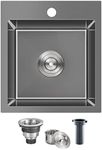 15 inch Bar Sink, ROVATE 15 x 17 inch Drop in Top Mount Bar Sink or Prep Kitchen Sink Black, Overmount Handmade Single Bowl T-304 Stainless Steel Sink with Basket Strainer