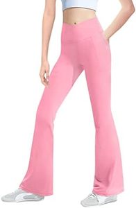 Girls Leggings V Cross Yoga Pants with Pockets Size 9-10 Pink High Waisted Kids Bell Bottoms for Children Running Gym