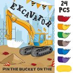 WERNNSAI Pin The Bucket on The Excavator Party Games - Construction Party Supplies for Kids Boys 21’’ x 28’’ Truck Game Poster with 24 Pcs Reusable Stickers for Construction Birthday Party Decoration