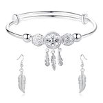 Pptabold Silver Dream Catcher Tassel Feather Charm Bracelet, Adjustable Women's charm bracelet bangle and Fringed Feather earrings, fashion jewelry gift for Women Girls