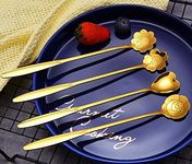 Koshiya Golden Spoon Set/Coffee Spoon/Dessert Spoon/Cutlery Kitchen Tableware/Stainless Steel Gold Flower Shape Coffee Spoon with Package Bag, 18cm, 4 Pcs Different Coffee Spoon