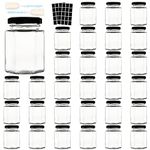 Comrzor 4 OZ Hexagon Glass Jars, 30 Pack Empty Honey Jars Small Spice Jars with Black Lids, Sponge Brushes and 40pcs Labels for Jam, Homemade Projects, Gifts, Wedding Party Favors