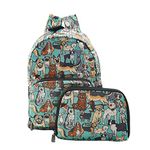 ECO CHIC Lightweight Foldable Water Resistant Mini Backpack Folds Into Pouch for Storage (Dogs Teal)