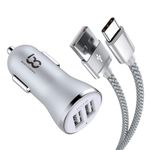 NWNK13 Fast Car Charger for Samsung Galaxy A50 A51 A70 A80 A71 A60 A91 5G Silver Phone in Car Charger 2 Port USB Car Adapter Fast Charging 4.8A with 1mt Type C USB Cable High Speed Lead Wire