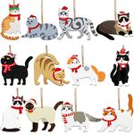 24 Pcs Cat Christmas Ornaments Wooden Hanging Cat Christmas Tree Ornaments Cat Lover Gifts for Women Men Kitty Cat with Xmas Hat and Scarf Decorative Hanging Ornaments for Christmas Home Decorations
