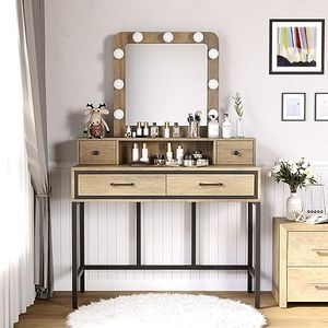 Sunvivi Vintage Vanity Desk with Lighted Mirror, 40" Large Dressing Makeup Vanity Table with 4 Drawers, 3 Color Lighting Modes & 10 Brightness, Dressing Table with Metal Frame for Woman Adult Bedroom