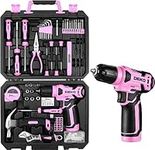 Tool Kit: DEKO Tool Set Box with 8V Cordless Drill, Pink Hand Tool Kit DIY Drill Set for Women 126 Pieces, Ladies Tool Box for Home with Electric Drills