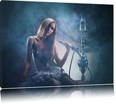 Pixxprint Beautiful woman with hookah in the fog canvas,huge Pictures completely framed with stretcher, Art print on wall picture with frame, size: 120x80 cm