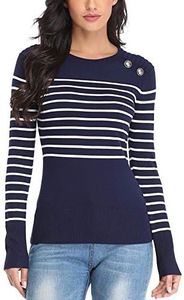Dilgul Maglione Donna a Righe Maglia Invernali Primavera Manica Lunga Pullover Eleganti Stripe Casual Moda Blu X-Large