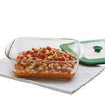 Borosil Microwave Safe And Oven Safe Square Glass Baking Dish With Green Lid, 1 Count, Transparent, 2200 Ml