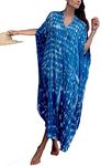 Swimsuit Cover ups Women tie dye Caftan Plus Size Caftans Kimono Cardigan Half Sleeve Sleeve Vneck Caftan Dresses Button Down Open Front Beach Blouse Side Split Maxi Beach Dress (8612 Blue tie-dye)