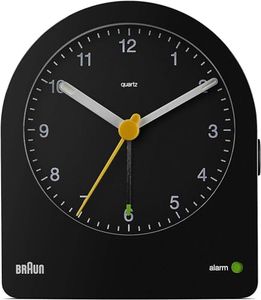 Braun Classic Analogue Alarm Clock with Snooze and Continuous Backlight, Quiet Quartz Movement, Crescendo Beep Alarm in Black, Model BC22B.