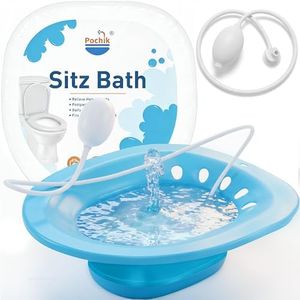 Pochik Sitz Bath for Toilet Seat Hemorrhoids and Postpartum Care, Yoni Steam Seat, Perineal Soaking, Collapsible, Flusher Hose, Drain Holes, Wider Seating Area - Navy