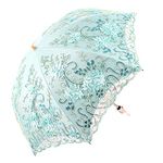 Honeystore Vintage Lace UV Sun Parasol Two Folding 3D Flower Embroidery Umbrella Blue