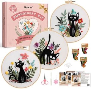 Meyocky Embroidery Kit for Beginners Adults, 3-Piece Cat Needlepoint Kits with Flowers Stamped Patterns Instructions & Stitch Videos Hoop Threads Needles, Gift for Craft Lovers