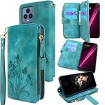 Lacass [Cards Theft Scan Protection] 10 Card Slots Holder Zipper Pocket Wallet Case Flip Leather Cover with Wrist Strap Stand for T-Mobile T Phone 5G / Revvl 6 5G 2022 Case(Floral Blue Green)