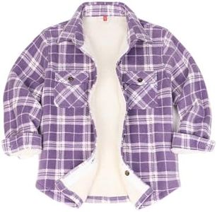 ThCreasa Girls Sherpa Lined Fleece Jacket Cozy Plaid Flannel Shacket with Button Up Collar, Cold Weather Warmth for Kids Purple S 5-6