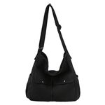 Canvas Messenger Bag Large Hobo Crossbody Bag with Multiple Pockets Casual Shoulder Tote Bag Grocery Bag for Women and Men (Black)